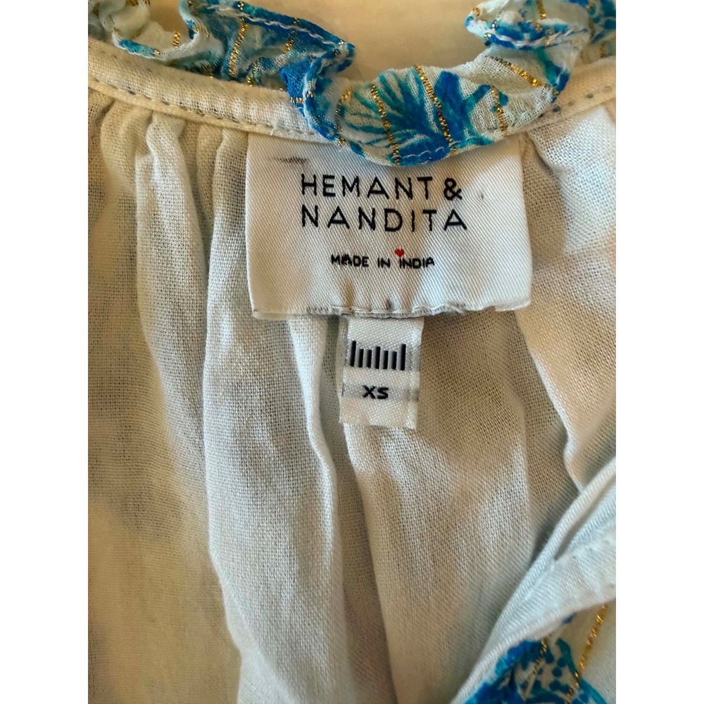 Hemant and Nandita Blue White Floral Metallic Lurex Tassel Mini Dress XS - Picture 3 of 5